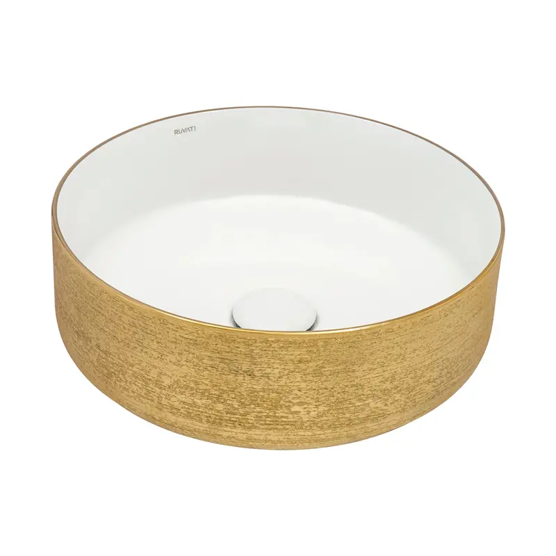 14" Round Decorative Gold-Accent Bathroom Vessel Sink – White Ceramic Above-Counter Design 1