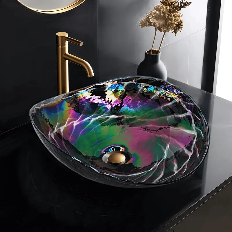 19-Inch Murano Glass Vessel Sink – Deep Cosmic Black Finish 1