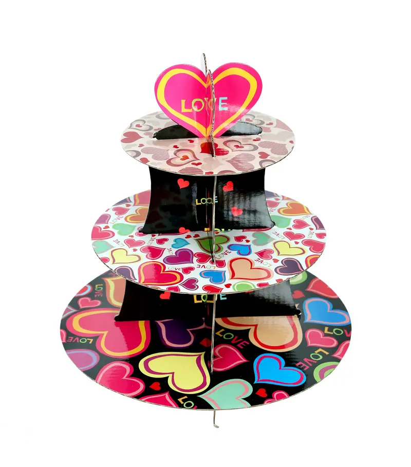 3-Tier Round Cupcake Stand – Black & Pink Paperboard Design 1