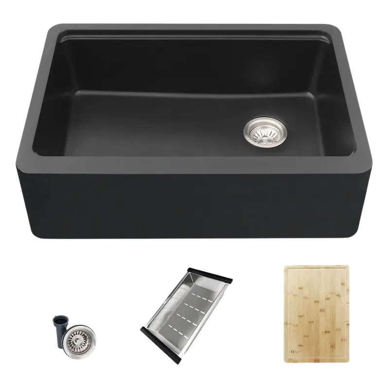 30" Bronte S-830Wn Farmhouse Apron Sink – Black Composite Granite Workstation 1