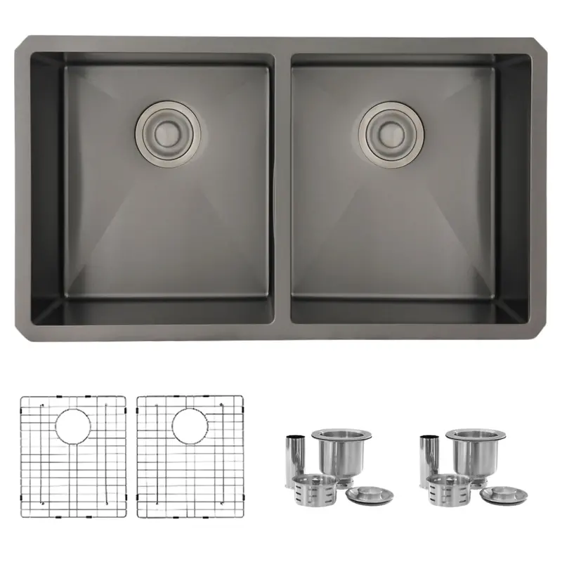 32" Opal S-701Xn Double-Bowl Undermount Kitchen Sink – Graphite Black Stainless Steel With Grids & Strainers 1