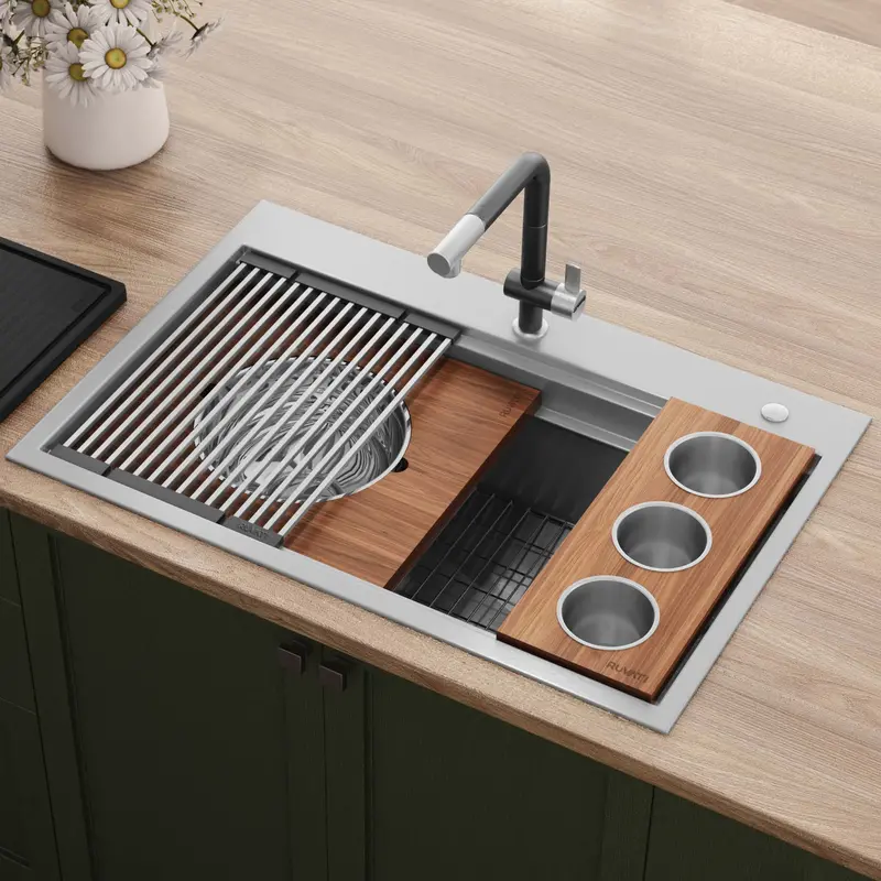 33" Dual-Level Ledge Workstation Sink – Topmount Drop-In, 16-Gauge Stainless Steel 1