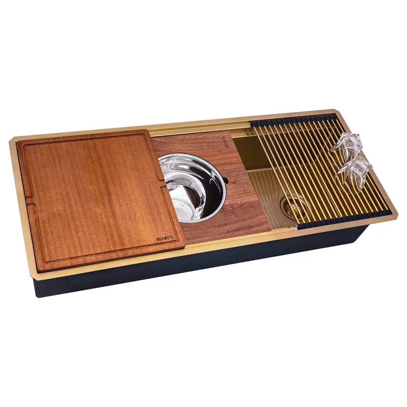 45-Inch Two-Tiered Ledge Undermount Kitchen Sink – Polished Brass & Matte Gold Accents 1