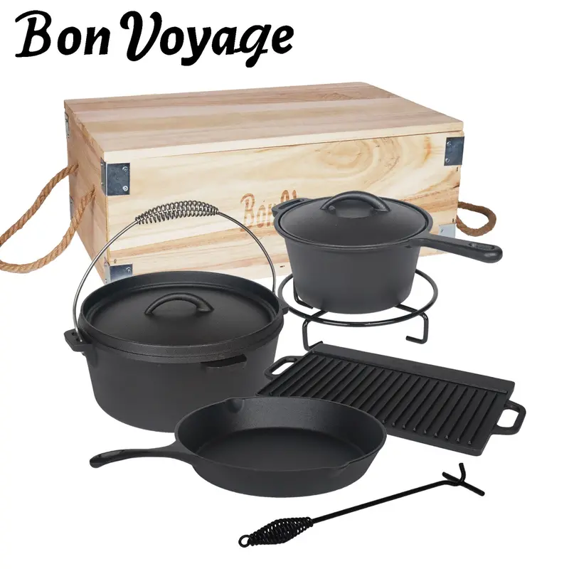 7-Piece Pre-Seasoned Cast Iron Camping Cookware Kit 1