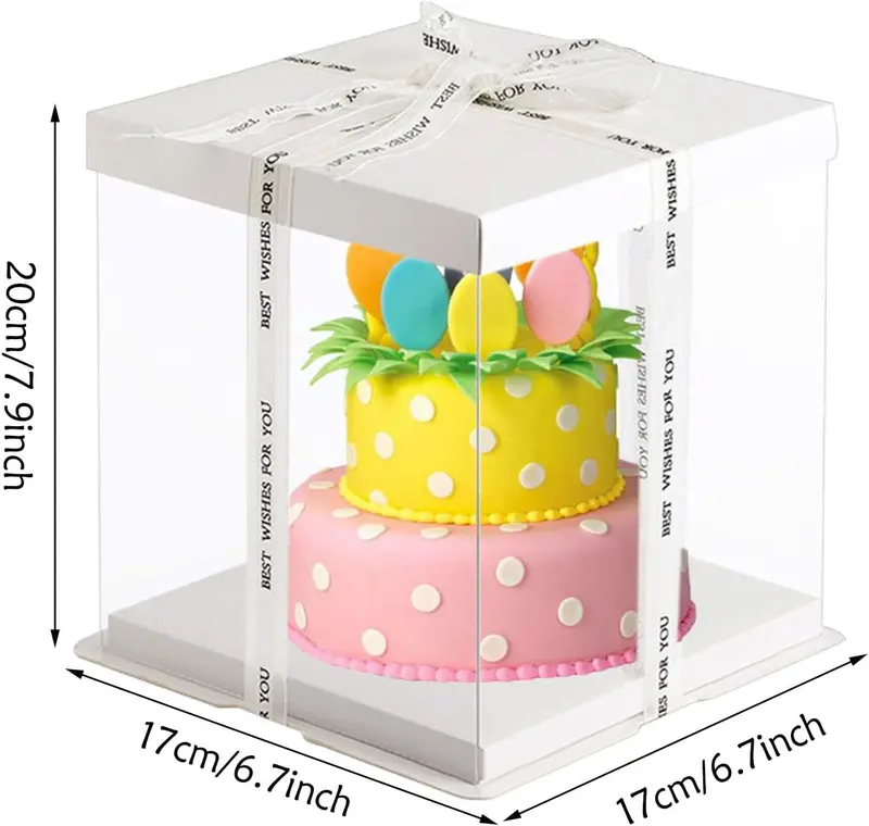7" × 7" × 8" Clear Tall Cake Box – Transparent Layered Display With White Lid 1