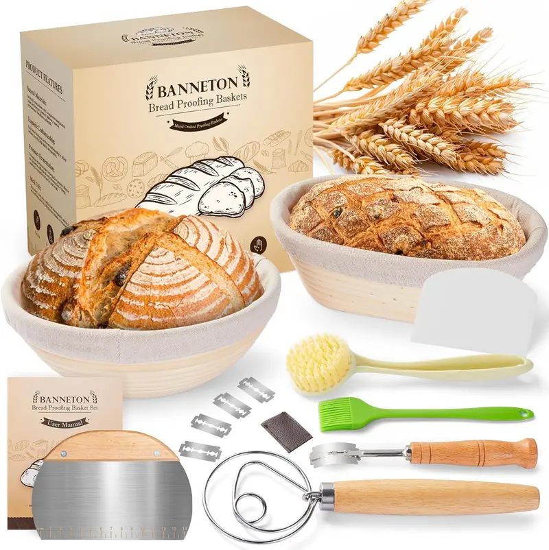 9-Inch Round Proofing Basket Set – 2-Piece Sourdough Starter Kit With Dough Whisk And Bread Lame 1
