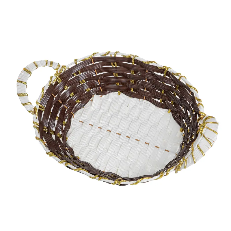 Artisan Brown-And-White Handwoven Decorative Basket With Gold Embellishments 1