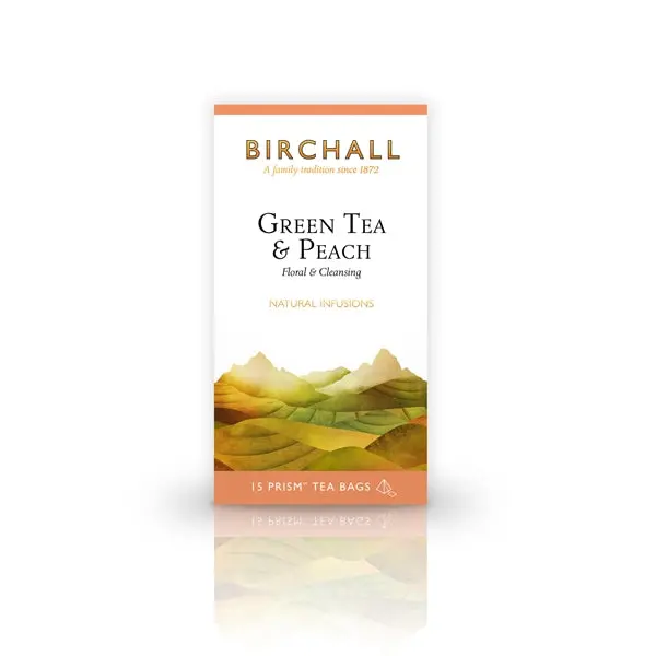 Birchall Peach Green Tea – 15 Prism Pyramid Bags 1