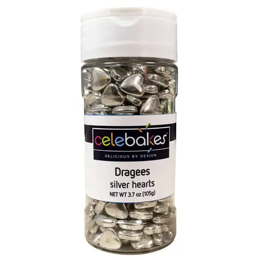 Celebakes Silver Heart-Shaped Dragees – 3.7 Oz Romantic Baking Decor 1