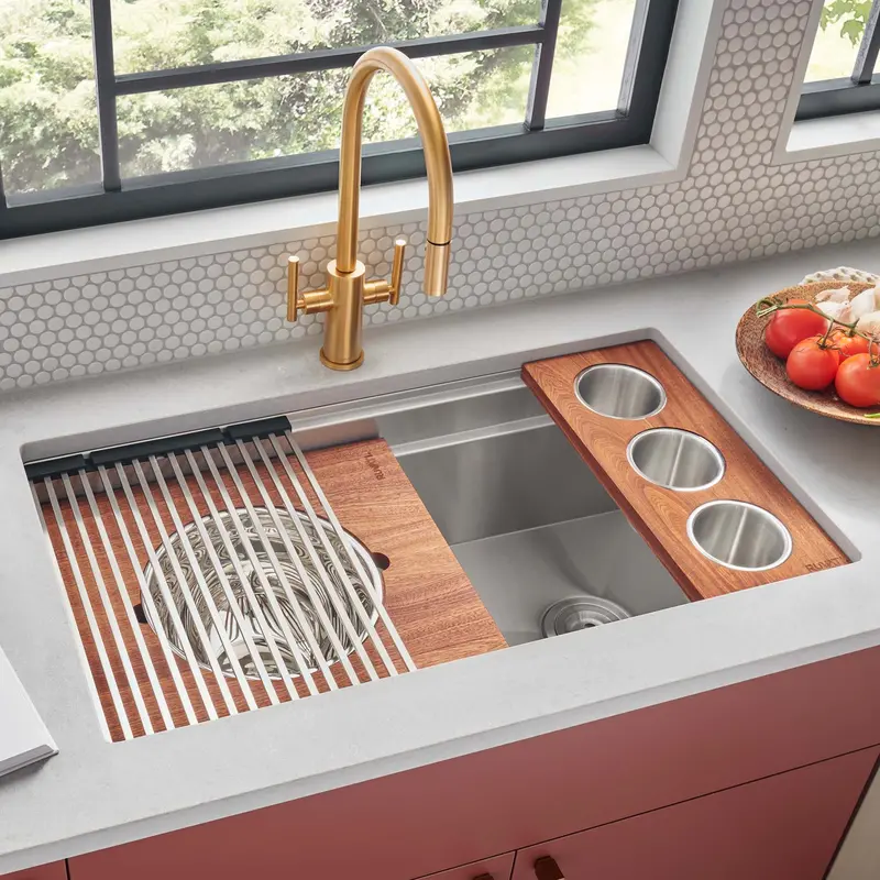 Dual-Tier Square-Corner Undermount Workstation Sink – 39" X 19" Single Bowl 1