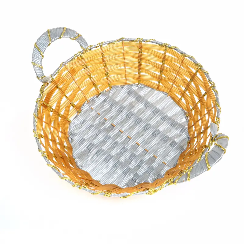 Elegant Multipurpose Woven Basket Featuring Golden Handle Detailing 1