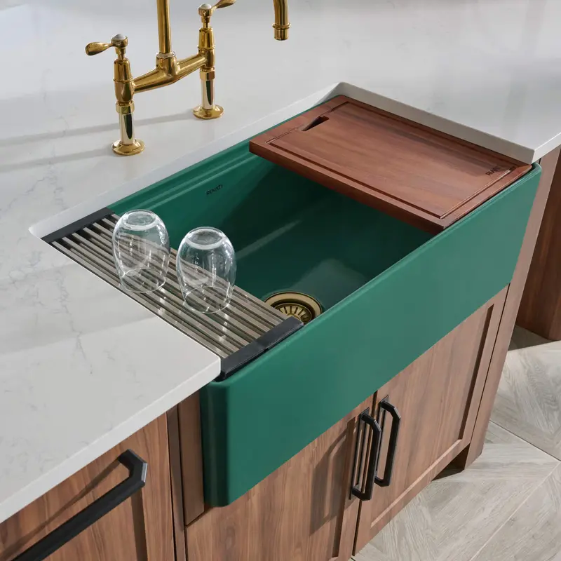 Emerald Green Fireclay Farmhouse Sink – 33" Workstation Style 1