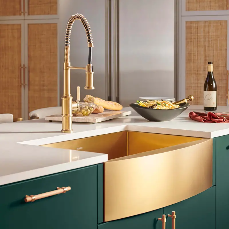 Gold-Finished Apron-Front Undermount Sink – 33" × 22", Square Corners 1
