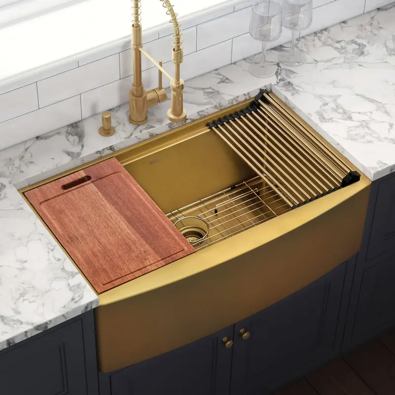 Gold-Finished Square-Corner Apron-Front Undermount Sink – 33" X 22" Single Basin With Workstation 1
