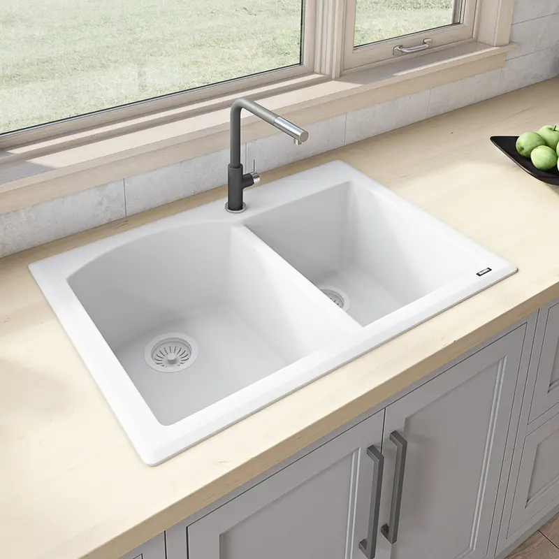 Granite Dual-Mount Sink – 33" X 22", 60/40 Left-Offset Basin, Arctic White 1