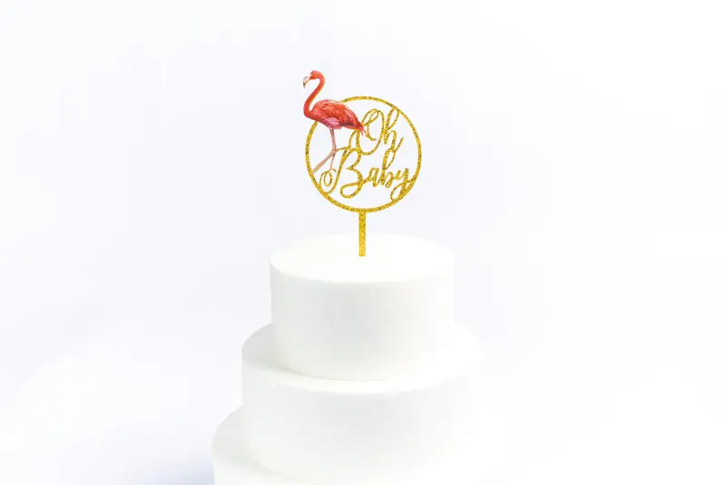 Hawaii-Themed Flamingo 'Oh Baby' Acrylic Cake Topper 1