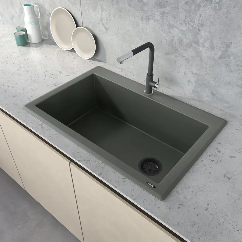 Juniper Green Granite Top-Mount Single-Basin Sink – 33" X 22", Offset Drain 1