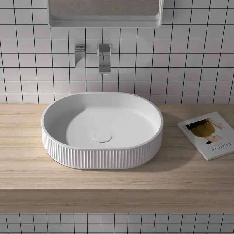 Matte White 19 X 14 Inch Fluted Vessel Bathroom Sink 1