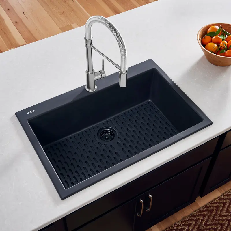 Midnight Black Granite Composite Drop-In Sink – 27" X 20", Single Bowl 1