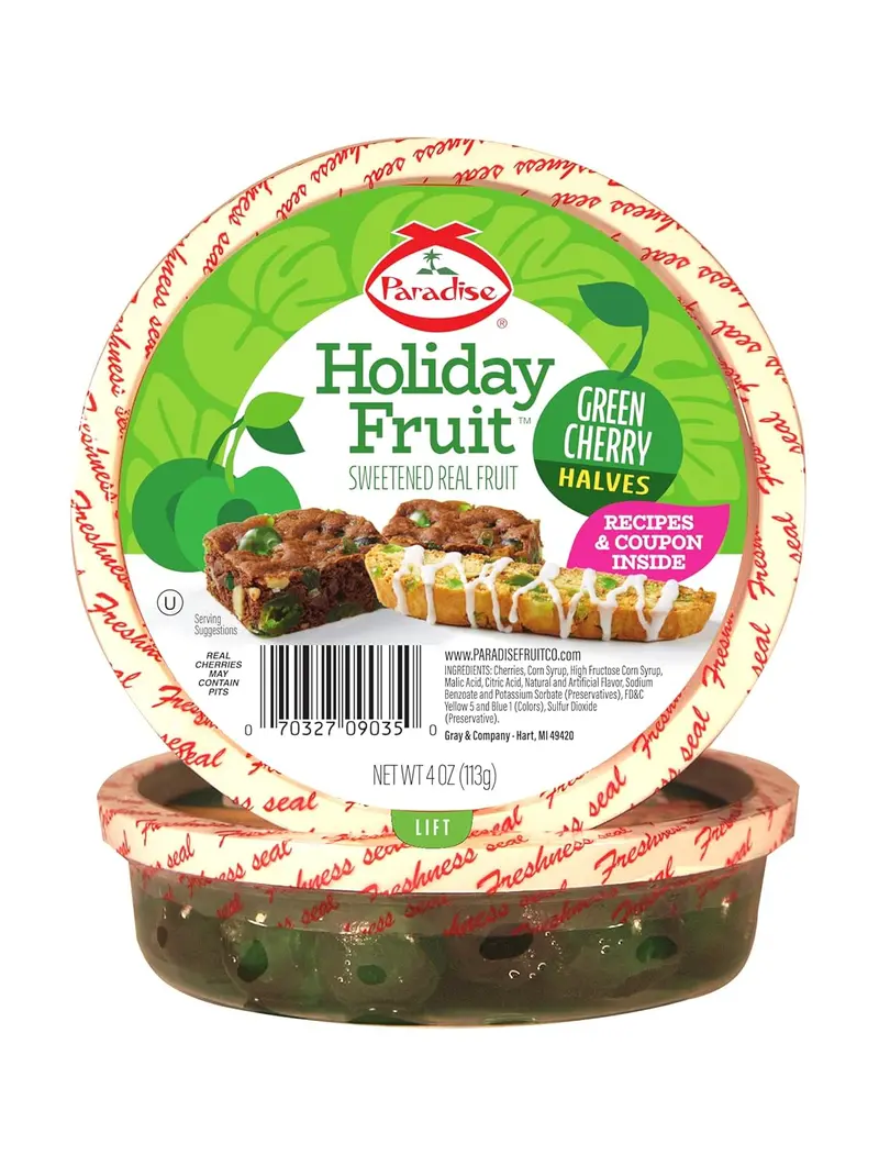 Paradise Green Cherry Halves – Candied Fruit, 4 Oz Jar 1