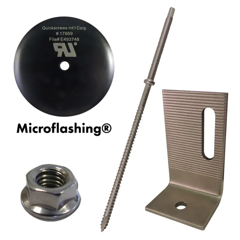Quickbolt Qb1 Multi-Roof Mount Kit: 5/16" × 9" Bolt, 3" Microflashing, Offset Ss L-Foot & Flange Nuts 1