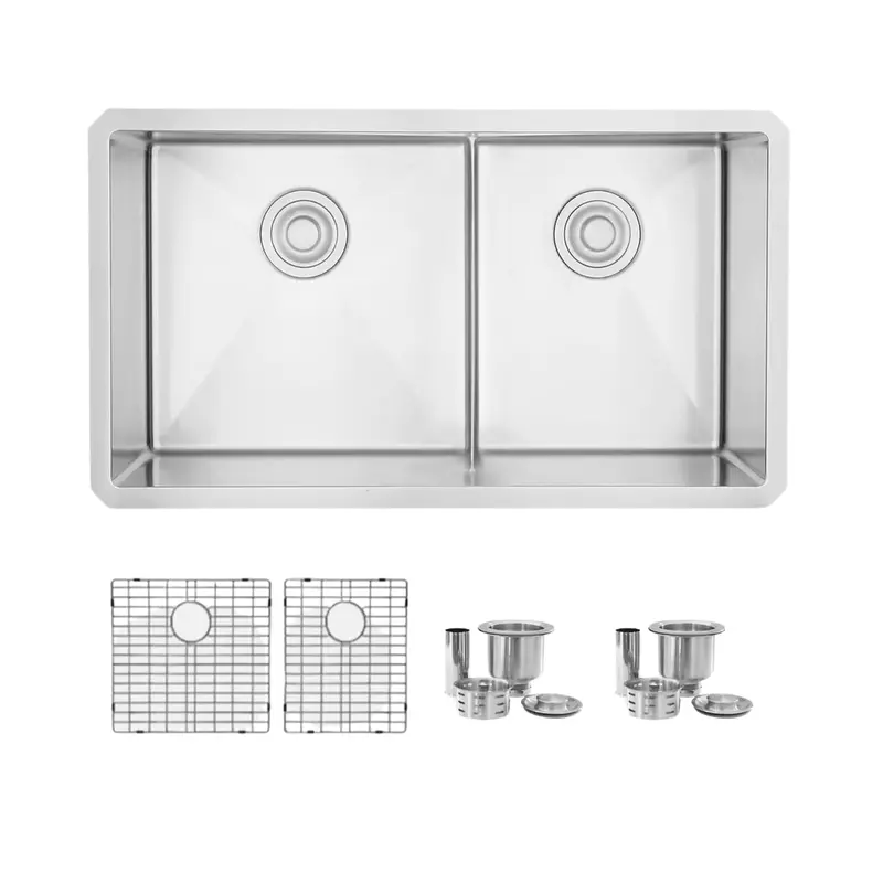 Roomy 32" Double Bowl Stainless Steel Sink – 16-Gauge With Dual Drain Grids & Basket Strainers (Model S-325Xg) 1