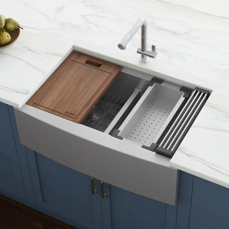 Rounded-Corner Apron-Front Undermount Sink – 36" X 21", 50/50 Double Basin With Workstation 1