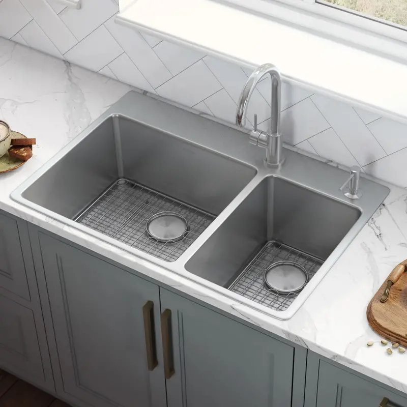 Rounded-Corner Top-Mount Sink – 33" X 22", 70/30 Right-Drain Double Basin 1