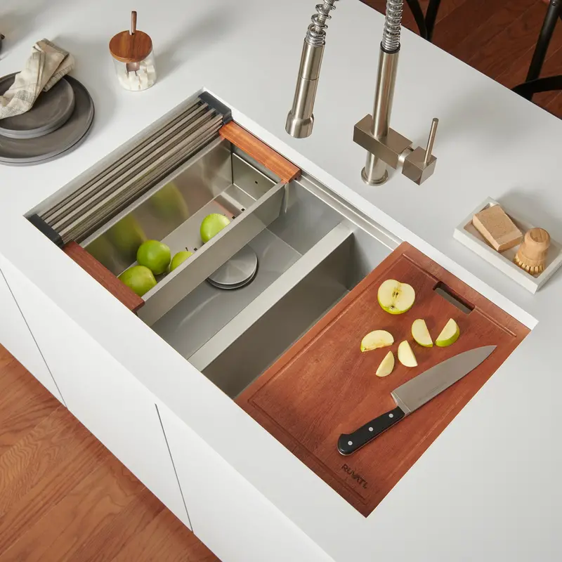Square-Corner Undermount Low-Divide Workstation Sink – 33" X 19", 60/40 Double Basin 1