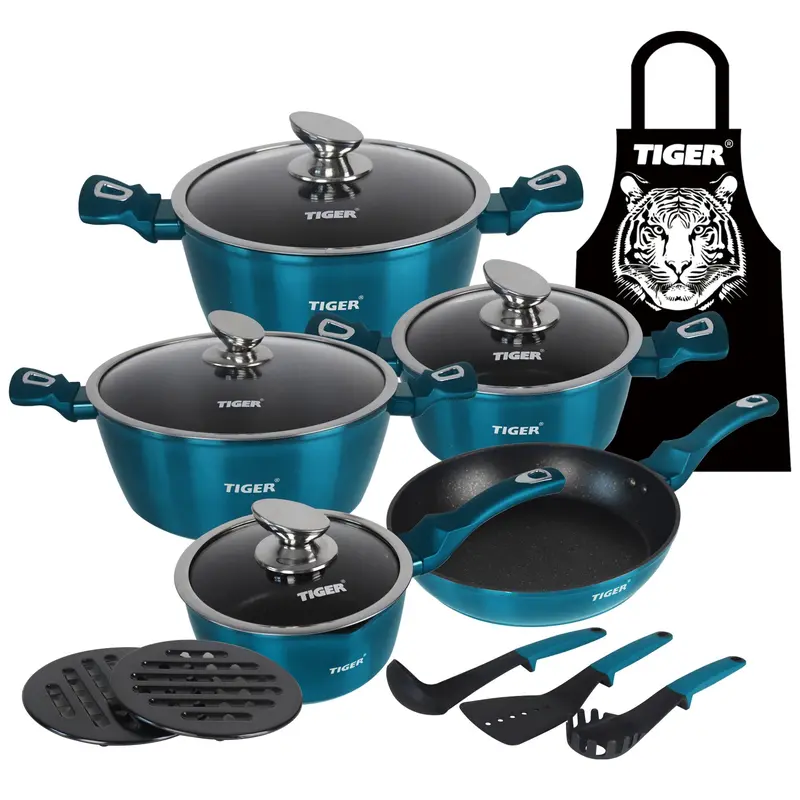 Tiger Aquamarine Marble-Coated Non-Stick Cookware Set – 15-Piece 1