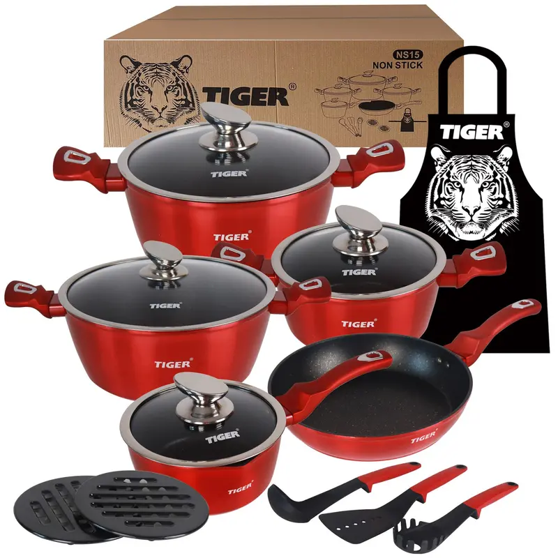 Tiger Burgundy Marble-Coated Non-Stick Cookware Set – 15-Piece 1