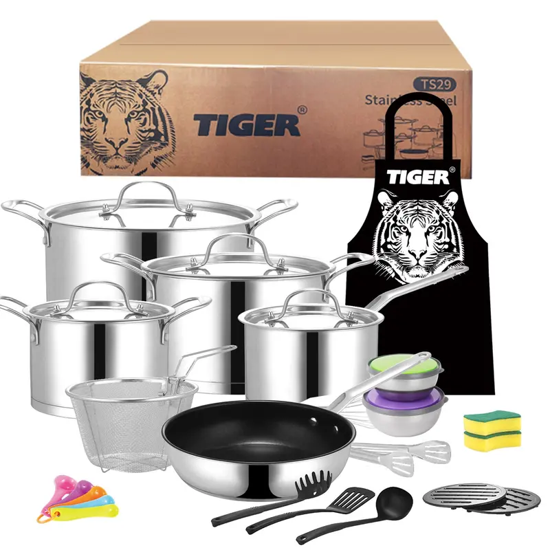 Tiger Stainless Steel Cookware Set – 29-Piece With Solid Stainless Lids 1