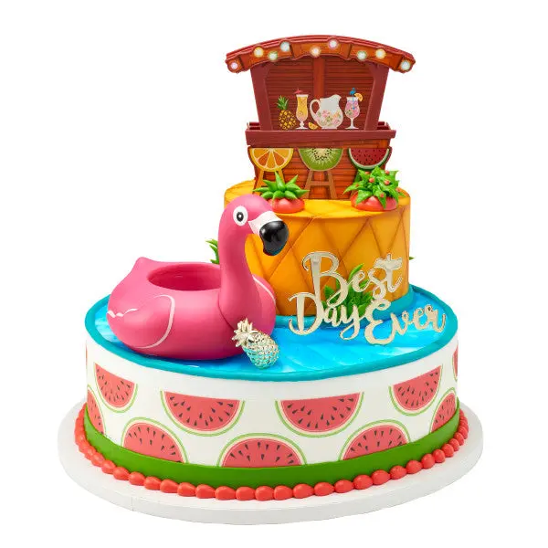 Tropical Pool Party Cake Decor Kit – Flamingo Can Cooler & Tiki Hut Topper Duo 1