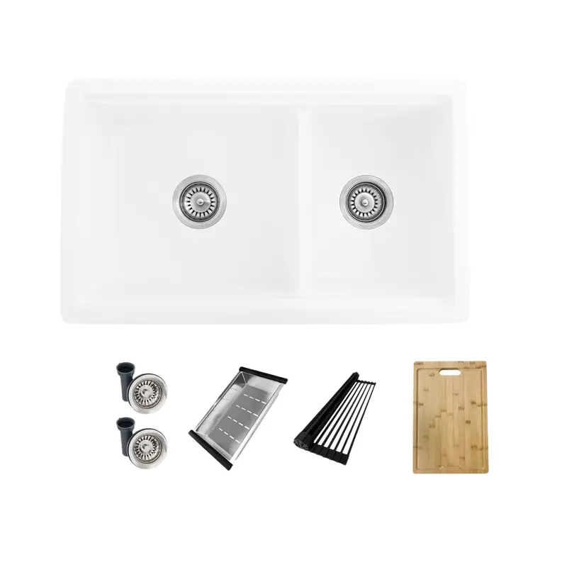 Waterton 30" Dual-Mount Workstation Sink – Double Bowl White Composite Granite With Tool Integration 1