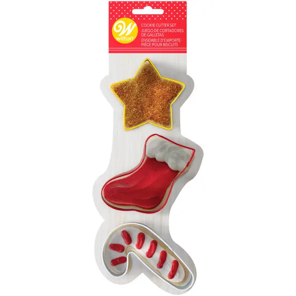Wilton 3-Piece Metal Christmas Cookie Cutters – Star, Candy Cane, Stocking 1