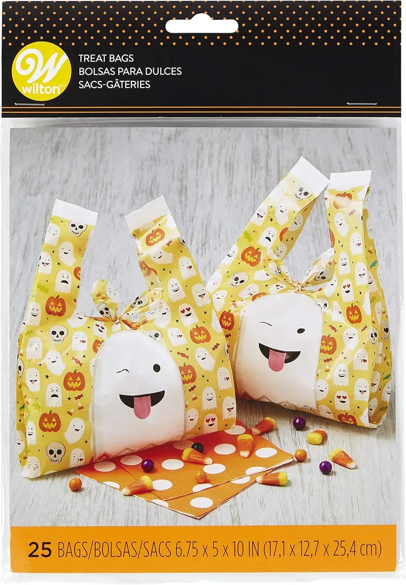 Wilton Emoji Ghost Shopper Treat Bags – 25-Pack Fun Halloween Carry-All Pouches 1