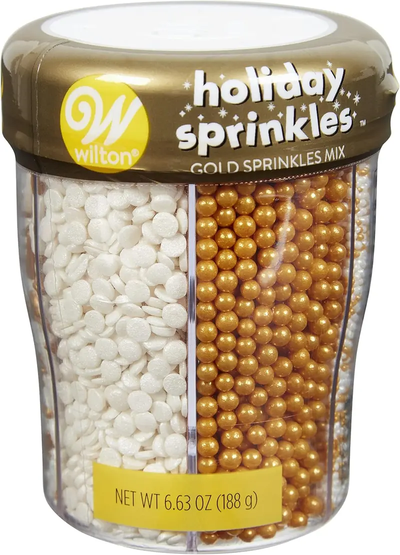 Wilton Gold & White Holiday Sprinkle Mix – Festive Snowflake Design (6-Cell Tray) 1