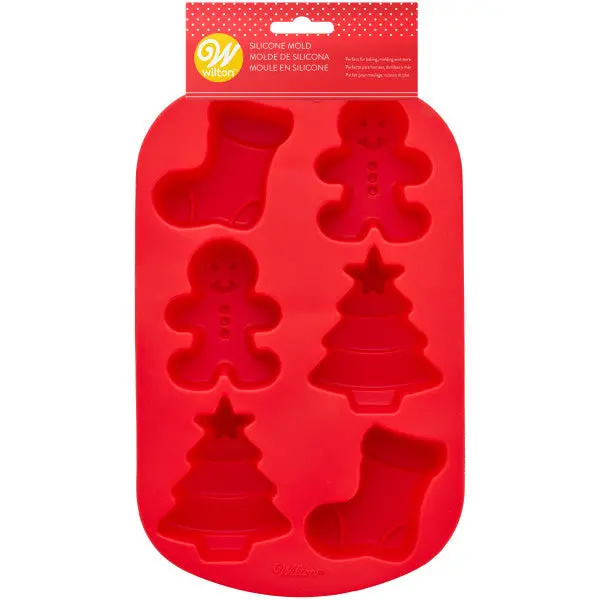 Wilton Holiday Silicone Mold: Stockings, Trees & Gingerbread Boys – 6-Cavity 1