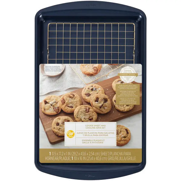 Wilton Navy Blue & Gold Diamond-Infused Non-Stick Cookie Sheet With Cooling Grid Set 1