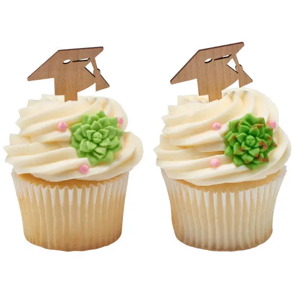 Wood-Style Graduation Cap Cupcake Picks – 72-Piece Rustic Set 1